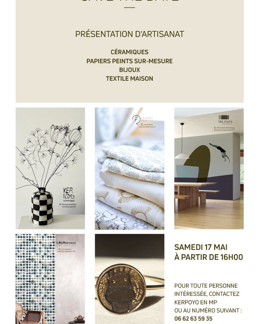 REJOIGNEZ-NOUS EN GRAND NOMBRE LE SAMEDI 17 MAI VERS 16H,PIUR DÉCOUVRIR DE JEUNES CRÉATEURS QUI POURRAIENT APPORTER UNE TOUCHE DE FRAÎCHEUR À VOTRE INTÉRIEUR. 

CE SERA L’OCCASION DE PARTAGER, DE RENCONTRER DES PASSIONNÉS, LE TOUT DANS UNE AMBIANCE CONVIVIALE AUTOUR D’UN VERRE.

NOUS VOUS ATTENDONS AVEC IMPATIENCE !

@kerpoyoceramique 
@laurmeyrieux 
@la_quiltfamily 
@betty_pietsch 
@mademoiselle_louca 
@lesmursautrement.peggy